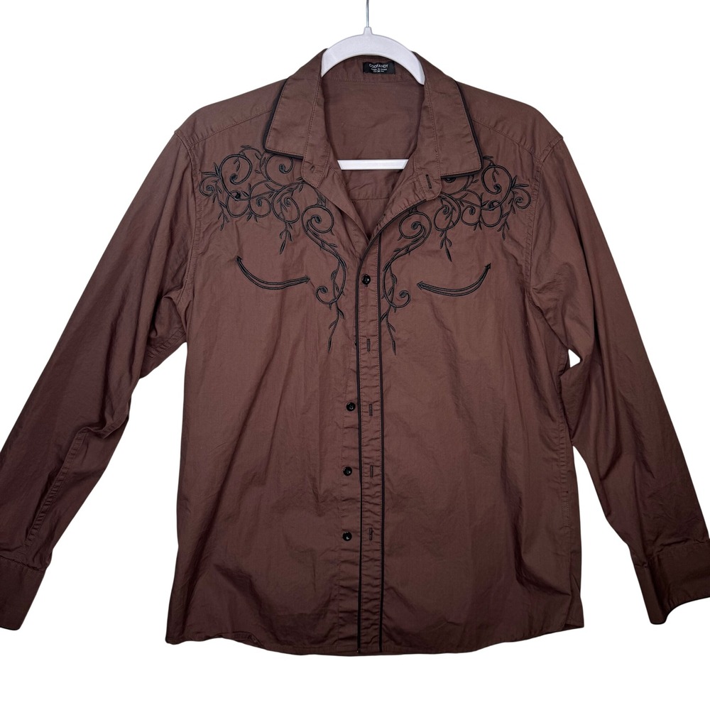 COOFANDY Men's Brown Embroidered‎ Western Cowboy Button Down Shirt Size Medium